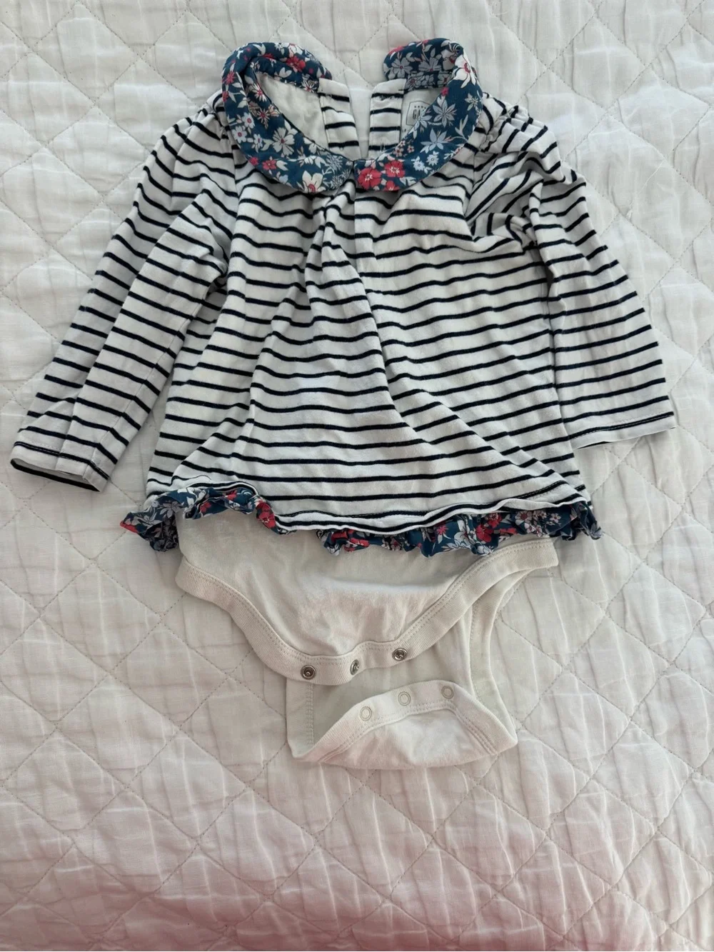 GAP Baby Navy Blue Striped Romper with Floral Collar